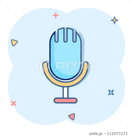 Microphone icon in comic style. Studio mike cartoon vector illustration on white isolated background. Audio record splash effect business concept. Microphone icon in comic style. Studio mike cartoon vector illustration on white isolated background. Audio record splash effect business concept. 112077271