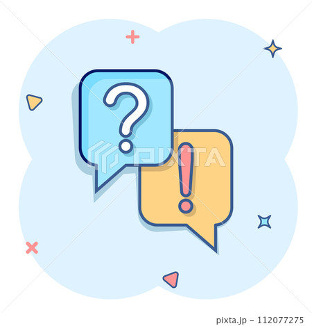 Question and answer icon in comic style. Dialog speech bubble cartoon vector illustration on white isolated background. Forum chat splash effect business concept. Question and answer icon in comic style. Dialog speech bubble cartoon vector illustration on white isolated background. Forum chat splash effect business concept. 112077275
