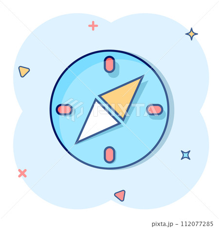Compass icon in comic style. Navigation equipment cartoon vector illustration on white isolated background. Journey direction splash effect business concept. 112077285