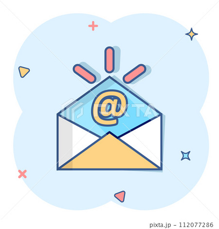 Email message icon in comic style. Mail document cartoon vector illustration on white isolated background. Message correspondence splash effect business concept. Email message icon in comic style. Mail document cartoon vector illustration on white isolated background. Message correspondence splash effect business concept. 112077286