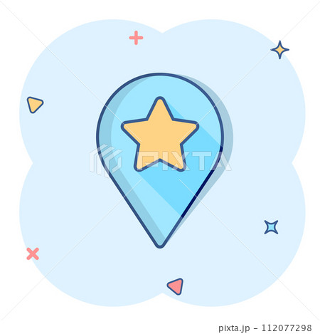 Map pin icon in comic style. GPS navigation cartoon vector illustration on white isolated background. Locate position splash effect business concept. 112077298