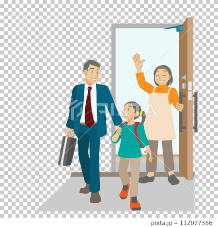 早上出門時母親送行的父親和女兒的插圖 早上出門時母親送行的父親和女兒的插圖 112077386