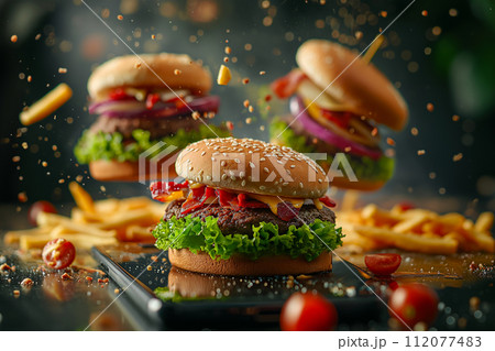 There are hamburgers and fries on the smartphone. 112077483