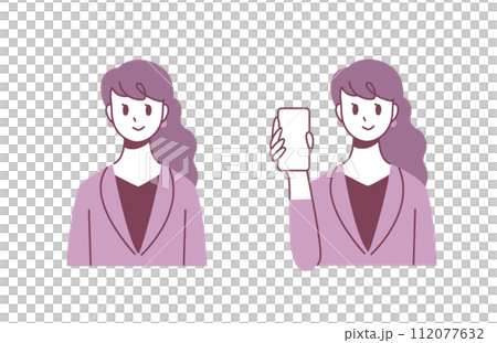 スーツを着た女性、スマホを持ったポーズ 112077632