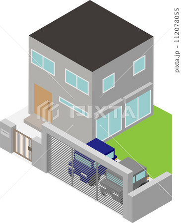 アイソメトリックなシャッターゲートのある家のイメージ素材 アイソメトリックなシャッターゲートのある家のイメージ素材 112078055
