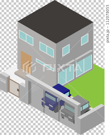 アイソメトリックなシャッターゲートのある家のイメージ素材 アイソメトリックなシャッターゲートのある家のイメージ素材 112078055