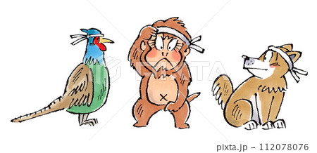 桃太郎の家来の犬猿雉　手描きイラスト 112078076