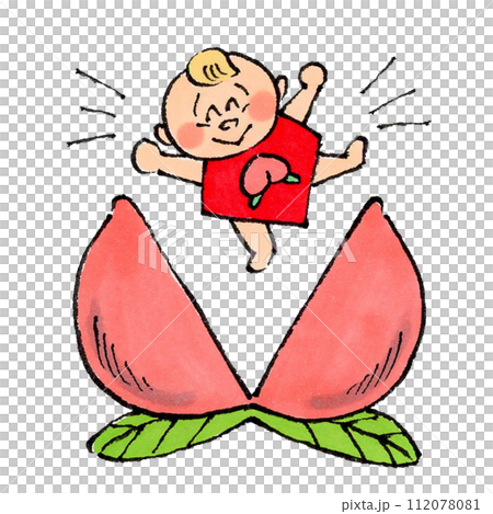桃太郎的嬰兒從桃子中誕生,手繪插圖 桃太郎的嬰兒從桃子中誕生,手繪插圖 112078081