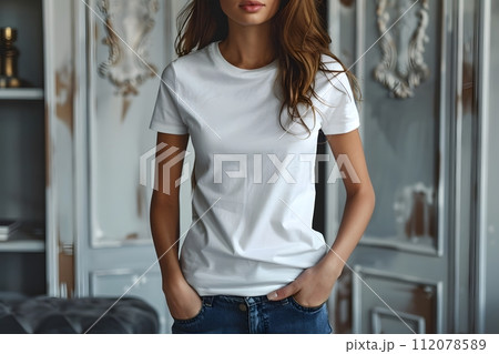 Women's White Short Sleeve Round Neck T-Shirt Mockup It is a useful tool for clothing designers to help visualize T-shirts before actual production Save time and money and makes it easier to decide. Women's White Short Sleeve Round Neck T-Shirt Mockup It is a useful tool for clothing designers to help visualize T-shirts before actual production Save time and money and makes it easier to decide. 112078589