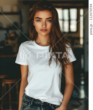 Women's White Short Sleeve Round Neck T-Shirt Mockup It is a useful tool for clothing designers to help visualize T-shirts before actual production Save time and money and makes it easier to decide. 112078594