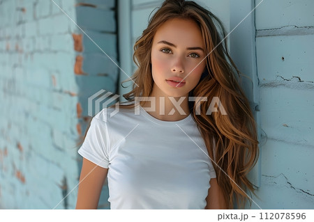 Women's White Short Sleeve Round Neck T-Shirt Mockup It is a useful tool for clothing designers to help visualize T-shirts before actual production Save time and money and makes it easier to decide. 112078596