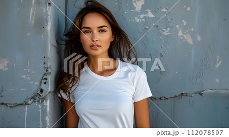 Women's White Short Sleeve Round Neck T-Shirt Mockup It is a useful tool for clothing designers to help visualize T-shirts before actual production Save time and money and makes it easier to decide. Women's White Short Sleeve Round Neck T-Shirt Mockup It is a useful tool for clothing designers to help visualize T-shirts before actual production Save time and money and makes it easier to decide. 112078597