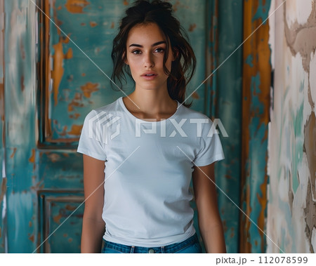 Women's White Short Sleeve Round Neck T-Shirt Mockup It is a useful tool for clothing designers to help visualize T-shirts before actual production Save time and money and makes it easier to decide. Women's White Short Sleeve Round Neck T-Shirt Mockup It is a useful tool for clothing designers to help visualize T-shirts before actual production Save time and money and makes it easier to decide. 112078599