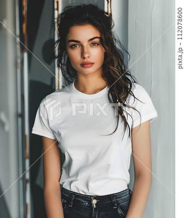 Women's White Short Sleeve Round Neck T-Shirt Mockup It is a useful tool for clothing designers to help visualize T-shirts before actual production Save time and money and makes it easier to decide. 112078600