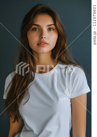 Women's White Short Sleeve Round Neck T-Shirt Mockup It is a useful tool for clothing designers to help visualize T-shirts before actual production Save time and money and makes it easier to decide. 112078601