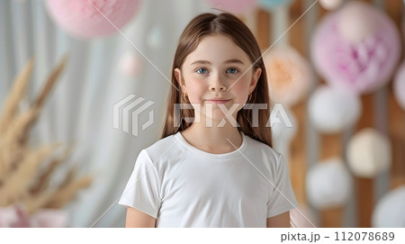 Girl's White Short Sleeve Round Neck T-Shirt Mockup It is a useful tool for clothing designers to help visualize T-shirts before actual production Save time and money and makes it easier to decide. 112078689