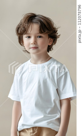 Boy's White Short Sleeve Round Neck T-Shirt Mockup It is a useful tool for clothing designers to help visualize T-shirts before actual production Save time and money and makes it easier to decide. 112078796