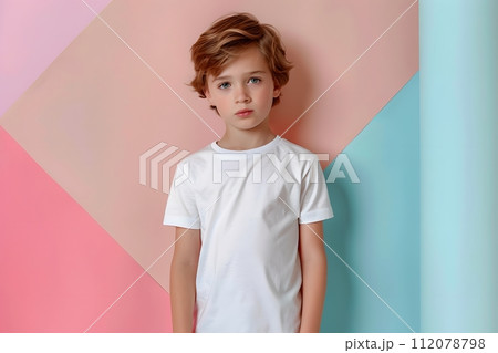 Boy's White Short Sleeve Round Neck T-Shirt Mockup It is a useful tool for clothing designers to help visualize T-shirts before actual production Save time and money and makes it easier to decide. 112078798