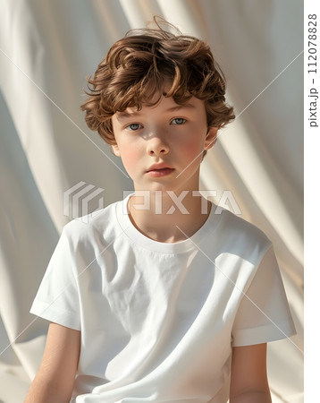 Boy's White Short Sleeve Round Neck T-Shirt Mockup It is a useful tool for clothing designers to help visualize T-shirts before actual production Save time and money and makes it easier to decide. 112078828