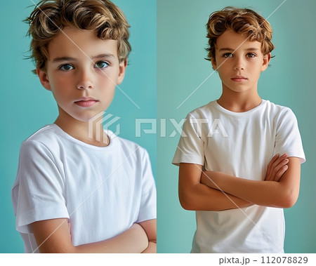 Boy's White Short Sleeve Round Neck T-Shirt Mockup It is a useful tool for clothing designers to help visualize T-shirts before actual production Save time and money and makes it easier to decide. 112078829