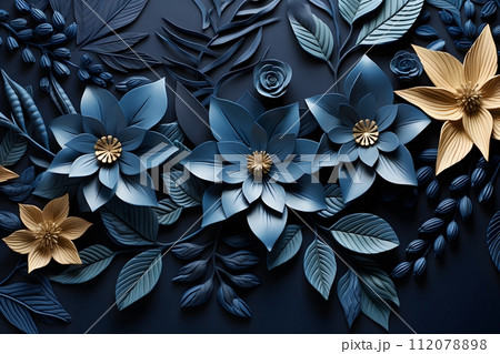 Gorgeous blue background decorated with intricate lined paper leaves create a luxurious atmosphere. It conveys peace, tranquility and trustworthiness suitable for official work. Gorgeous blue background decorated with intricate lined paper leaves create a luxurious atmosphere. It conveys peace, tranquility and trustworthiness suitable for official work. 112078898