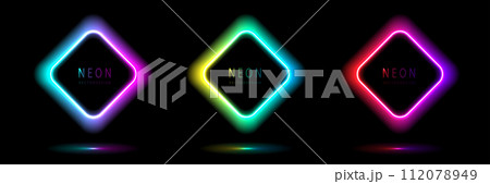 Set of neon light square shape frames design on a dark background. gradient glowing borders. elements valentine day festival design. colorful futuristic Valentines Day. vector design. 112078949