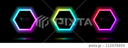 Set of neon light hexagon shape frames design on a dark background. gradient glowing borders. elements valentine day festival design. colorful futuristic Valentines Day. vector design. 112078950