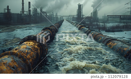 Wastewater pipes from industrial plants which is a large pipe made of metal. The wastewater flowing from the pipe is black and cloudy. Used to campaign to make people aware of environmental problems. Wastewater pipes from industrial plants which is a large pipe made of metal. The wastewater flowing from the pipe is black and cloudy. Used to campaign to make people aware of environmental problems. 112079128