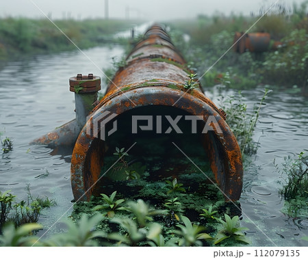 Wastewater pipes from industrial plants which is a large pipe made of metal. The wastewater flowing from the pipe is black and cloudy.  Used to campaign to make people aware of environmental problems. 112079135