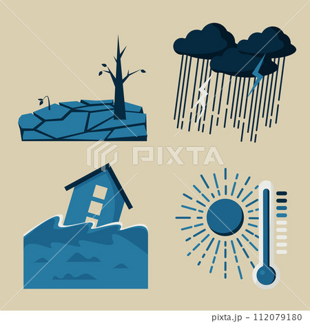 異常気象のイラストセット。干ばつ、豪雨、洪水、猛暑。 112079180