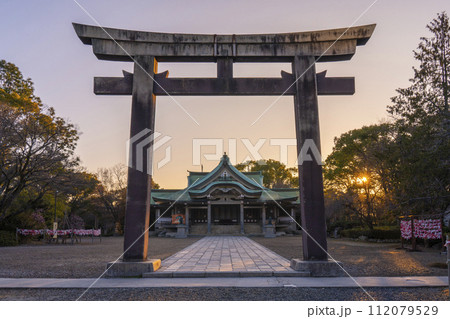 朝日を浴びる大阪城豊國神社 二ノ鳥居から見える本殿 朝日を浴びる大阪城豊國神社 二ノ鳥居から見える本殿 112079529