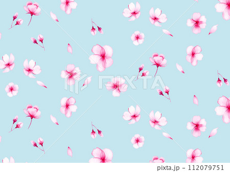 水彩の小花柄_背景素材_桜_グリーン 112079751