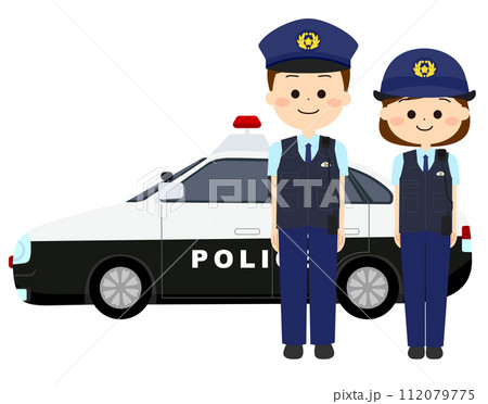 パトカーと笑顔の警察官たち 112079775
