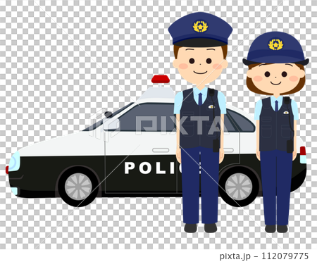 パトカーと笑顔の警察官たち 112079775