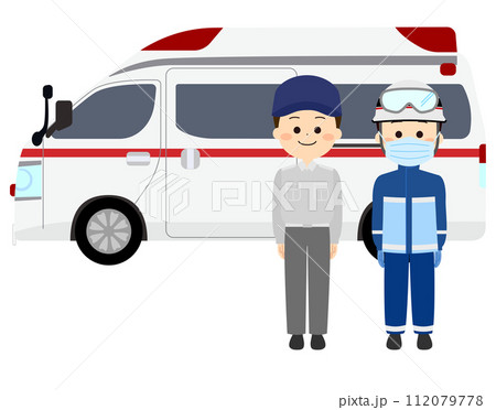 救急車と笑顔の救急救命士たち 救急車と笑顔の救急救命士たち 112079778