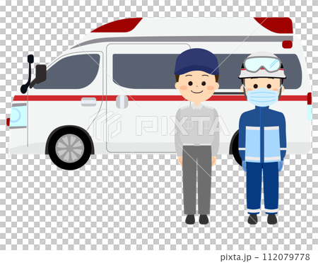 救急車と笑顔の救急救命士たち 救急車と笑顔の救急救命士たち 112079778