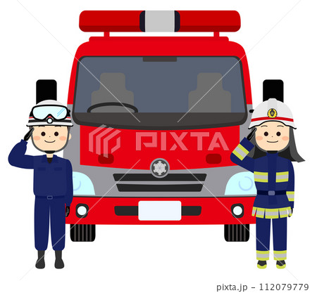 消防車と敬礼している消防隊員達 112079779