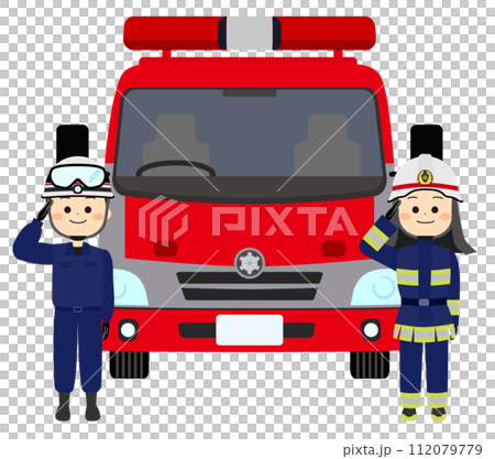 Fire engines and firefighters saluting 112079779