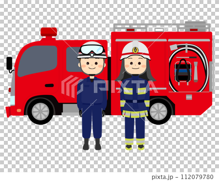 消防車と笑顔の消防隊員達 112079780
