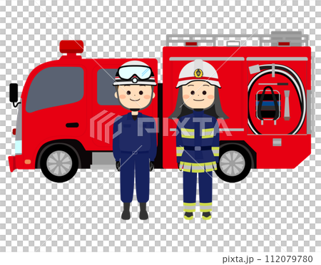 Fire engine and smiling firefighters 112079780