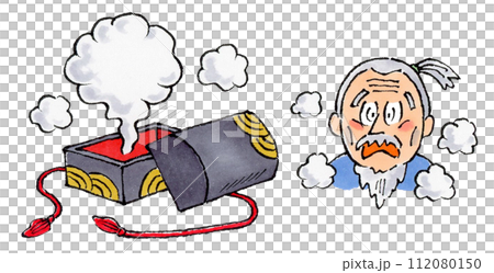 玉手箱を開けてお爺さんになった浦島太郎 手描きイラストのイラスト