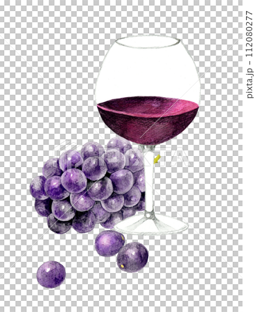 赤ワインとぶどうの果実 飲み物(お酒)の手描き水彩イラスト素材 赤ワインとぶどうの果実 飲み物(お酒)の手描き水彩イラスト素材 112080277