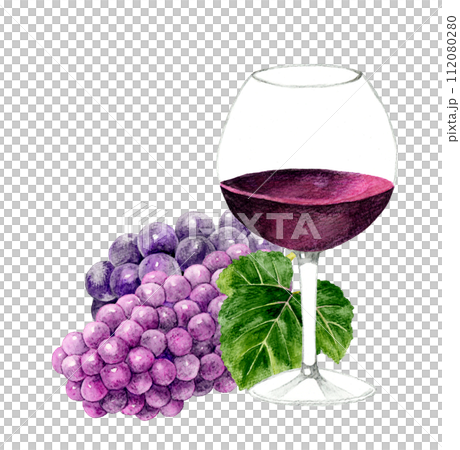 赤ワインとぶどうの果実　飲み物（お酒）の手描き水彩イラスト素材 112080280