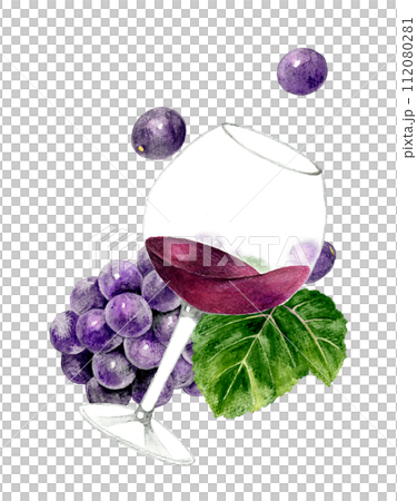 赤ワインとぶどうの果実　飲み物（お酒）の手描き水彩イラスト素材 112080281