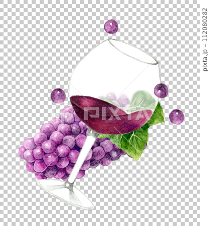 赤ワインとぶどうの果実　飲み物（お酒）の手描き水彩イラスト素材 112080282