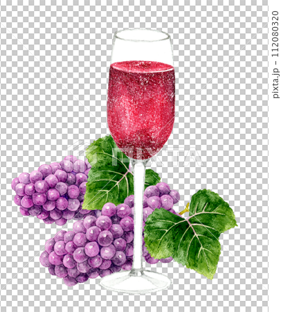 スパークリングワインとぶどうの果実　飲み物（お酒）の手描き水彩イラスト素材 112080320