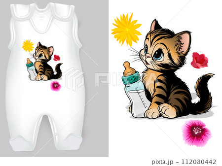 Baby Rompers with a Cartoon Motif of a Kitty 112080442