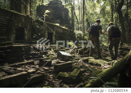 Two People Walking Through a Dense Forest Path 112080554