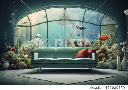 Submerged Couch Positioned in Front of an Underwater Window 112080580