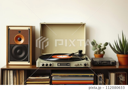 Vintage Record Player on Wooden Shelf 112080633